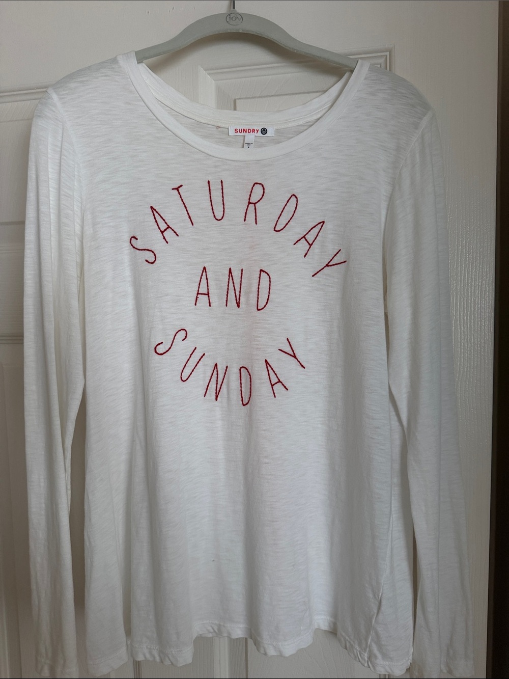 Sundry White Long Sleeve Tee with Red Script Circle